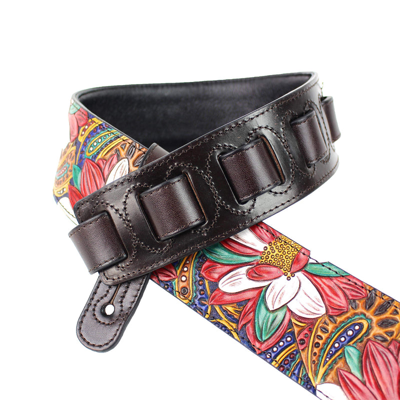 Walker And Williams LHR-20 Handmade Premium Carved Leather Guitar Strap With Carousel Red Paisley Floral Carving And Dark Brown End Caps For Acoustic, Electric, And Bass Guitars