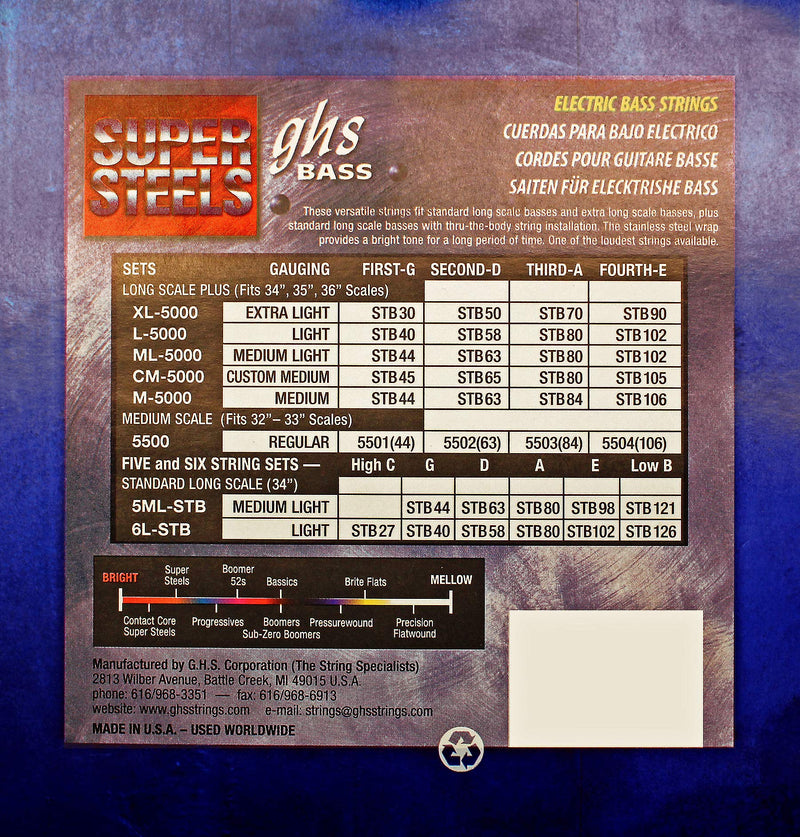 GHS Strings 4 Super Steels, Stainless Steel Bass Strings, Scale, Medium (44-106) (5500)