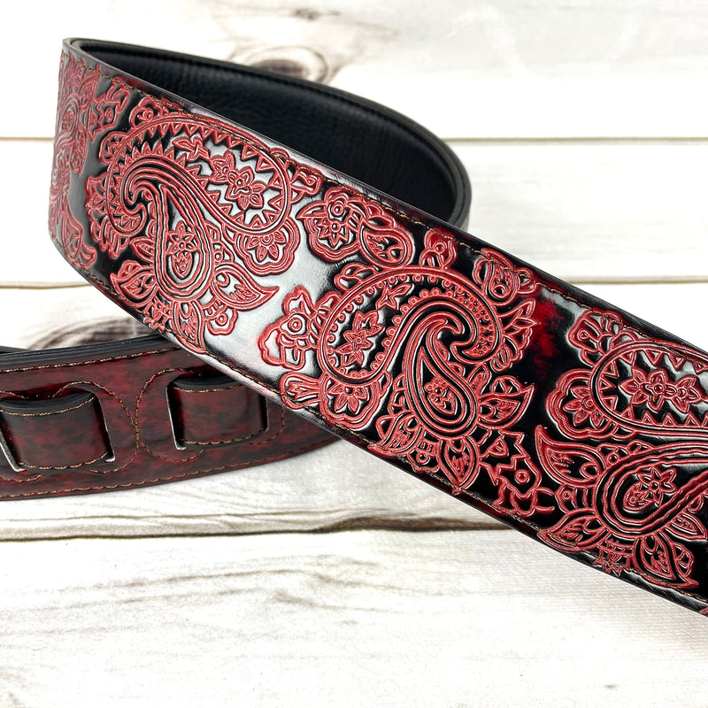 Walker & Williams GB-30 Handmade Fire Wine Red Padded Leather Guitar Strap with Vintage Paisley Pattern For Acoustic, Electric, And Bass Guitars