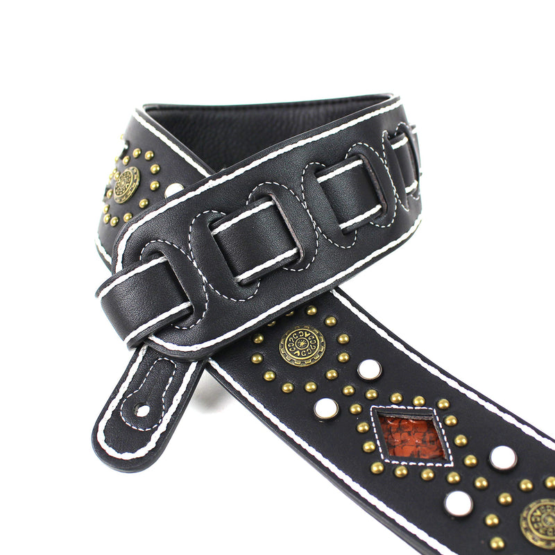 [AUSTRALIA] - Walker And Williams GTR-20-WHT Sedona Special Premium Black Padded Guitar Strap With White Stitching Brass Studs & Rivets For Acoustic, Electric, And Bass Guitars 