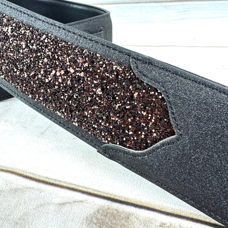Walker & Williams WW-GL-109 Cary Black Copper Super Sparkle Glitter Bomb Padded Guitar Strap Glove Leather Back For Acoustic, Electric, And Bass Guitars