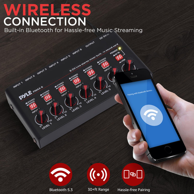 6-Channel Wireless BT Streaming Mini Line Mixer with USB Audio Interface - 6 Mono/Stereo Switching Inputs | Ultra-low Noise Design with High Headroom | Built-in USB Sound Card 6 Channel