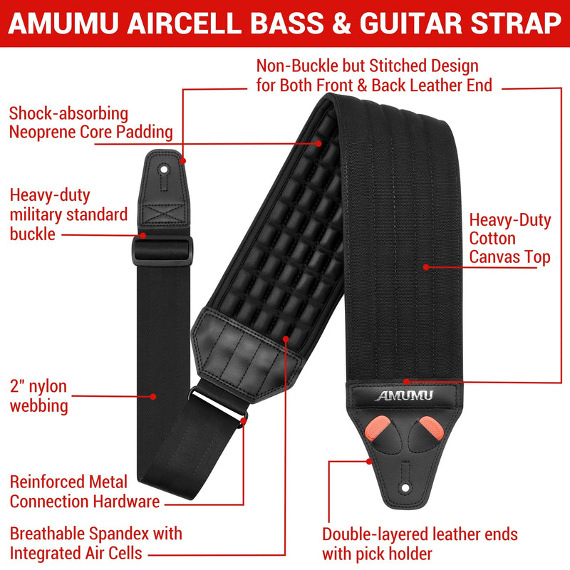 Amumu AIRCELL Bass & Guitar Strap 4" Ultra Wide - 0.7" Thick Breathable Convex 3D Air Cell Cushions - Neoprene Padding - Cotton Canvas Top - Adjustable Length 48"-63"(Long) Black 48"-63"(Long)