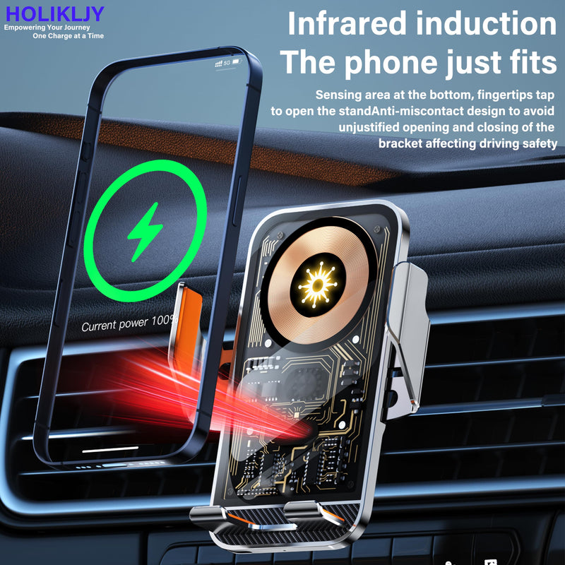 Wireless Car Phone Mount, 15W Fast Charging Car Phone Holder Charger Auto-Clamping 360 Dgrees Rotation Adjustable Air Vent Phone Mount Car Charger with luminous Logo for iPhone 16 15 14 13 S24 S23 S22 Black
