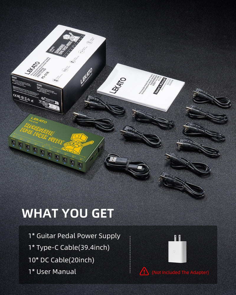 LEKATO Built-in 10000mAh Rechargeable Battery Guitar Pedal Power Supply, 10 Isolated DC Outputs, 9V 300mA, 100mA Effect Pedal Boards Power Supply, 5V/1A USB Port, Short Circuit Protection, PS-01R