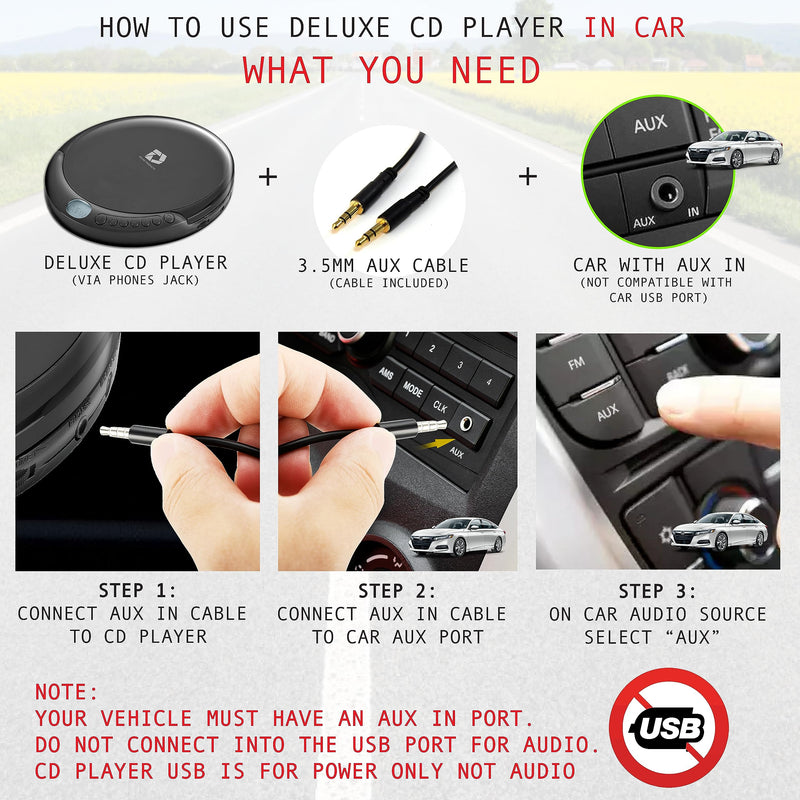 Deluxe Products CD Player Portable with 60 Second Anti Skip, Stereo Earbuds, Includes Aux in Cable and AC USB Power Cable for use at Home or in Car Black_CD