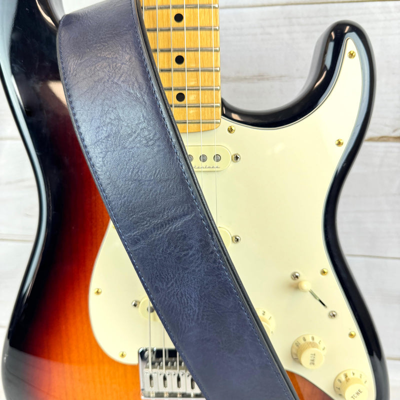 Walker & Williams G-52 Navy Blue Handmade Soft Natural Finish Guitar Strap with Padded Glove Leather Back, And Squared Nose For Acoustic, Electric, And Bass Guitars