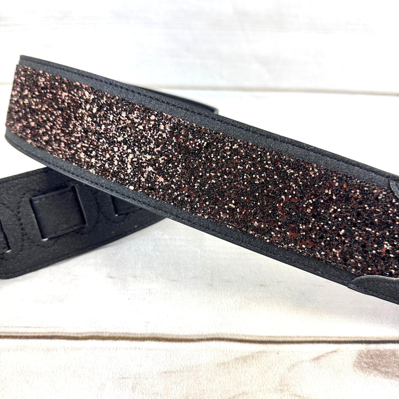 Walker & Williams WW-GL-109 Cary Black Copper Super Sparkle Glitter Bomb Padded Guitar Strap Glove Leather Back For Acoustic, Electric, And Bass Guitars