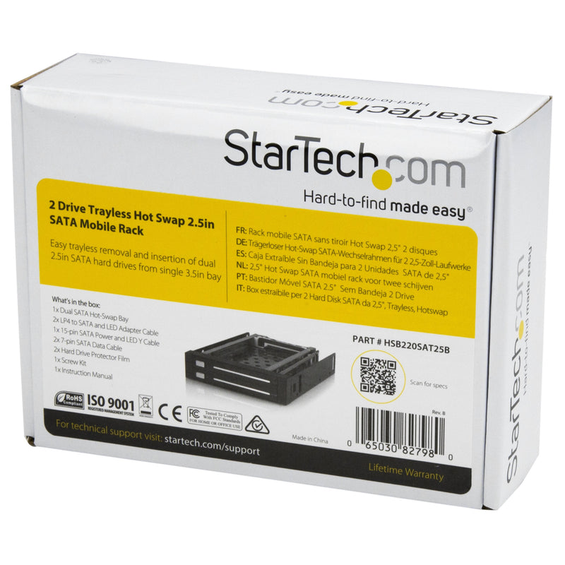 StarTech.com 2 Drive 2.5in Trayless Hot Swap SATA Mobile Rack Backplane - Dual Drive SATA Mobile Rack Enclosure for 3.5 HDD (HSB220SAT25B), Black Single