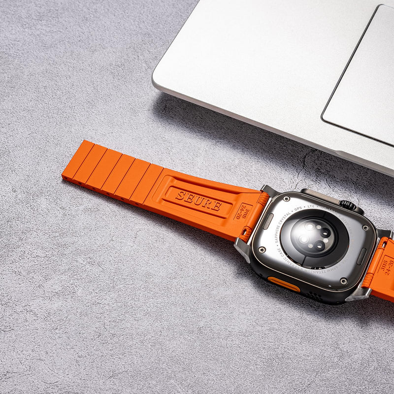 Ocean Luxe Band For Apple Watch Ultra 2 Bands for Men 49mm 46mm 45mm 44mm, Rubber Rugged Silicone Strap with Metal Connector for iWatch Series 10 9 8 7 6 5 4 3 2 1 SE Orange-Silver