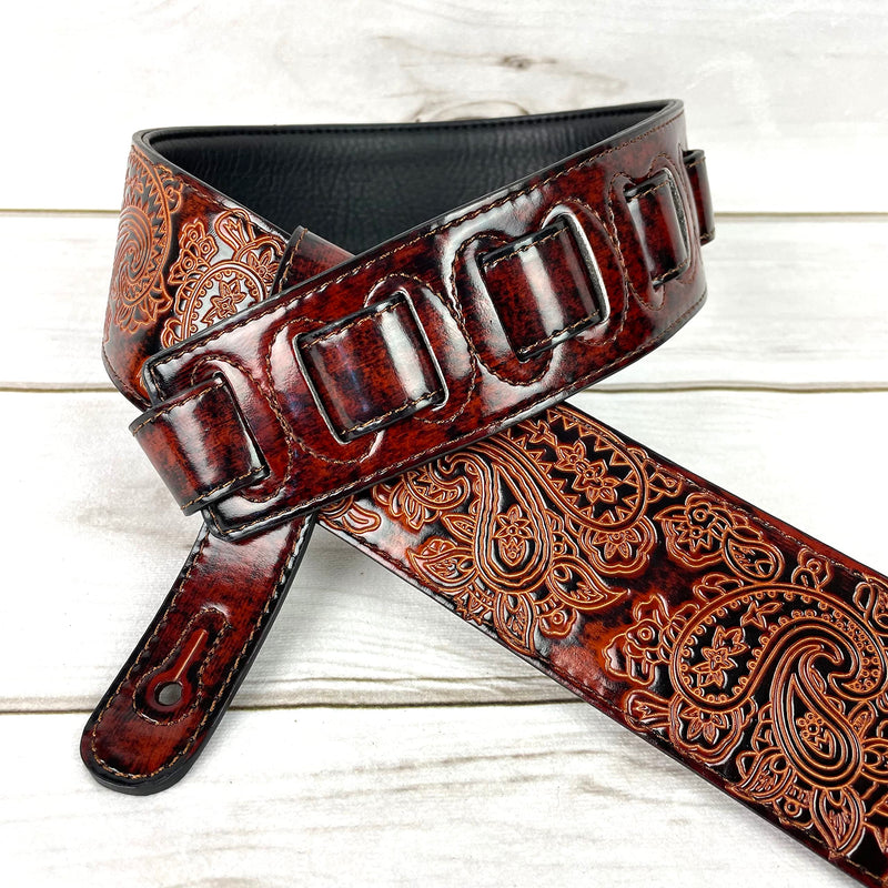 Walker And Williams GB-32 Handmade Bourbon Brown Padded Guitar Strap with Vintage Paisley Pattern For Acoustic, Electric, And Bass Guitars