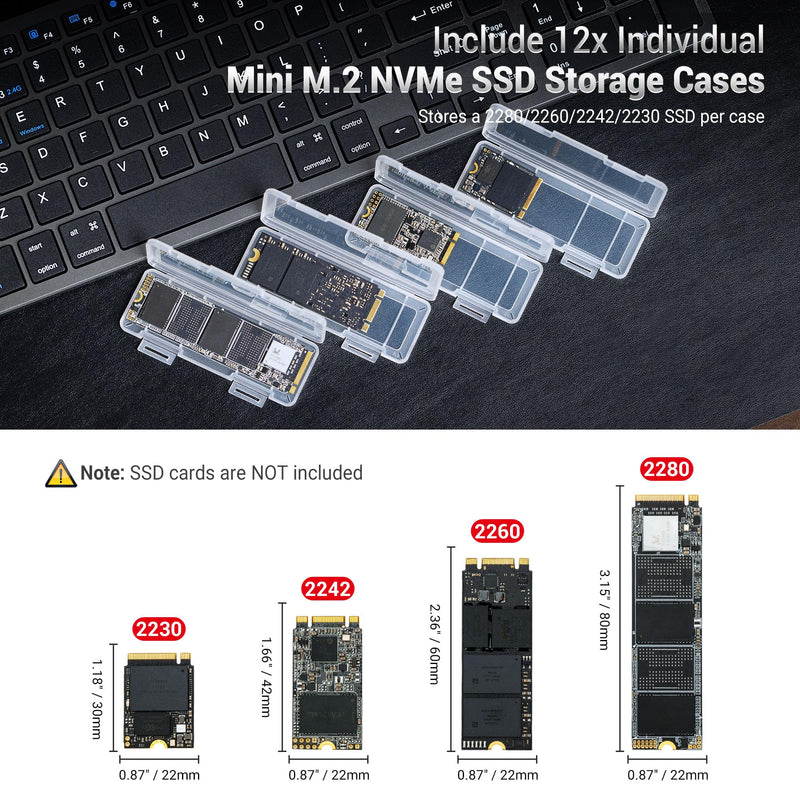 Dual Protect Hard M.2 SSD Holder with 12 PCS Individual Clear M.2 NVMe Case for M.2 2280 2260 2242 2230 SSDs Storage, Water-Resistant & Shockproof M.2 2280 SSD Card Case with Label & Notepaper for 12PCS SSDs（with Hard Case）