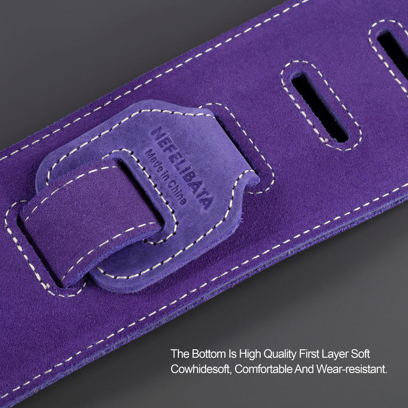Nefelibata 3" Guitar Strap in First Layer Leather with Foam Padding and Cable Storage Loops for Bass, Electric and Acoustic Guitars (Lavender Purple) Lavender Purple