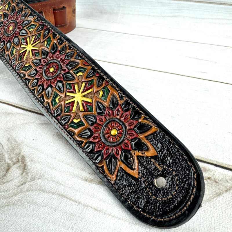 Walker & Williams LIH-2 Black And Brown Hand Carved Premium Leather Guitar Strap With Gold Earth Zodiac Star Design And Premium Padded Back For Acoustic, Electric, And Bass Guitars