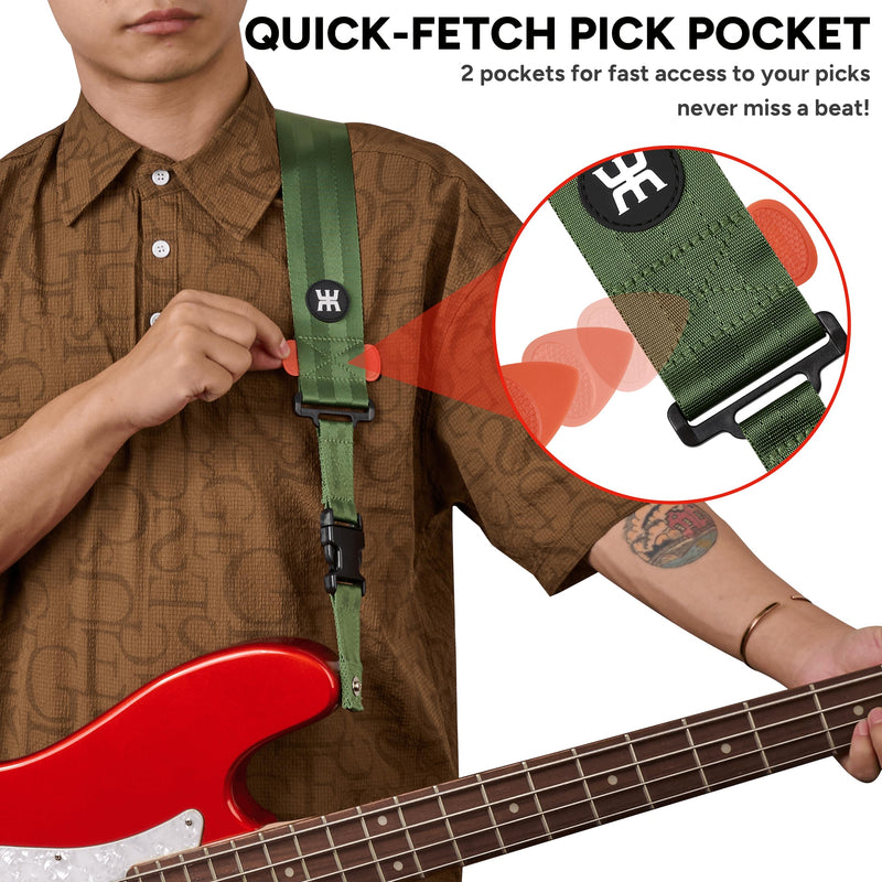 [AUSTRALIA] - Amumu SNAPLOCK Pro Guitar Strap - Quick-Release Buckle, Screw Fasten Ends, Quick-Fetch Pick Holder, Adjustable 38"-57", Fits Bass, Electric Guitars, Gift for Guitarists, Army Green 