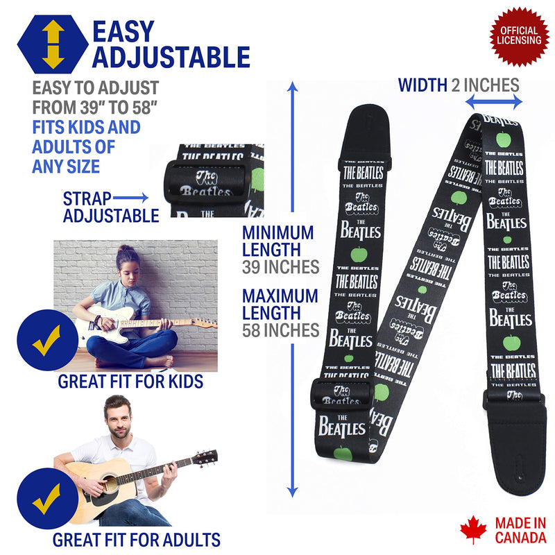 Perri's Leathers, 39"-58"- Black, The Beatles Officially Licensed Guitar Strap, Boutique & Fits Fender Electric, Custom, Adjustable, Durable Design, Acoustic & Bass Guitar Straps for Electric, Leather Green Apples
