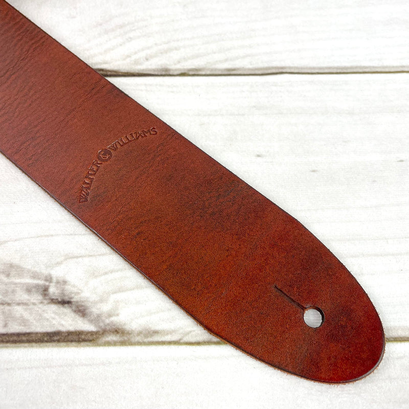 Walker & Williams S-02 Heavy Textured Whiskey Brown Full Grain Extra Thick Soft Italian Leather Rugged Finish Guitar Strap For Acoustic, Electric, And Bass Guitars