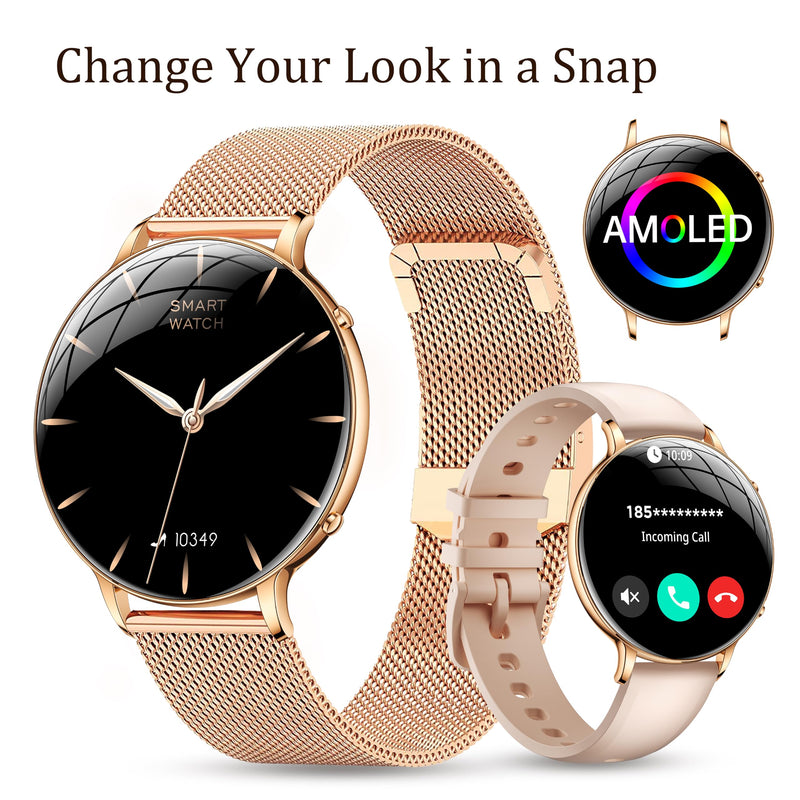 Smart Watch Lightweight for Women: 1.32” AMOLED Display Rose Gold with 2 Bands - IP68 Waterproof Fitness Tracker Smartwatch Compatible iPhone/Android - Gifts for Women 15–45