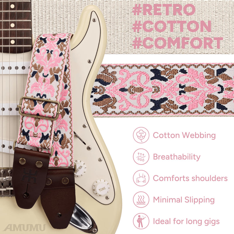 Amumu Pink Spades Heart Embroidery Guitar Strap - Vintage Style with Top Grain Cowhide Leather Ends & Pick Pocket - Fits Bass, Electric, Acoustic Guitars