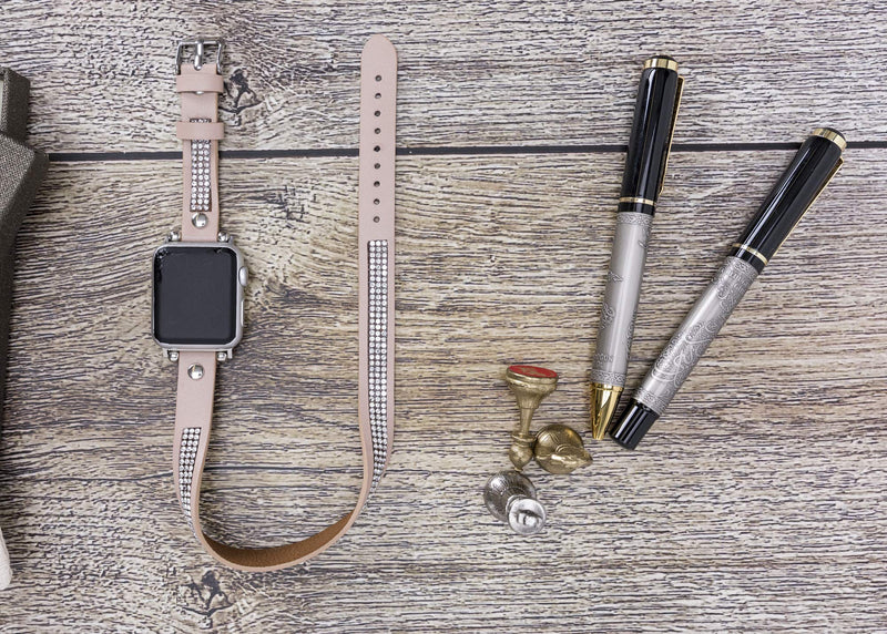 Venito Livorno Double Wrap Leather Slim Watch Band with Rhinestones Compatible with Apple Watch 42mm, 44mm, 45mm, 49 mm for Apple Watch Series 1, 2, 3, 4, 5, 6, 7, SE, 8, Ultra, Sport (Nude Pink w/Silver Connector & Clasp)