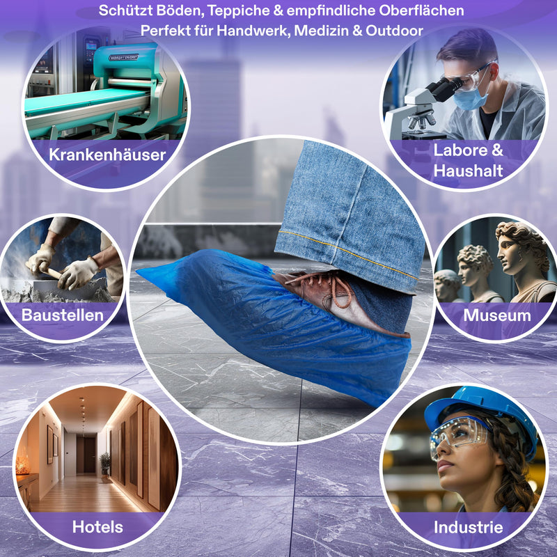 Medimex Disposable Shoe Covers, Blue, 15 x 36 cm, Pack of 200, Latex-Free, Waterproof, Non-Slip, CPE Material, Ideal for Medicine, Crafts, Household and Outdoor Protection