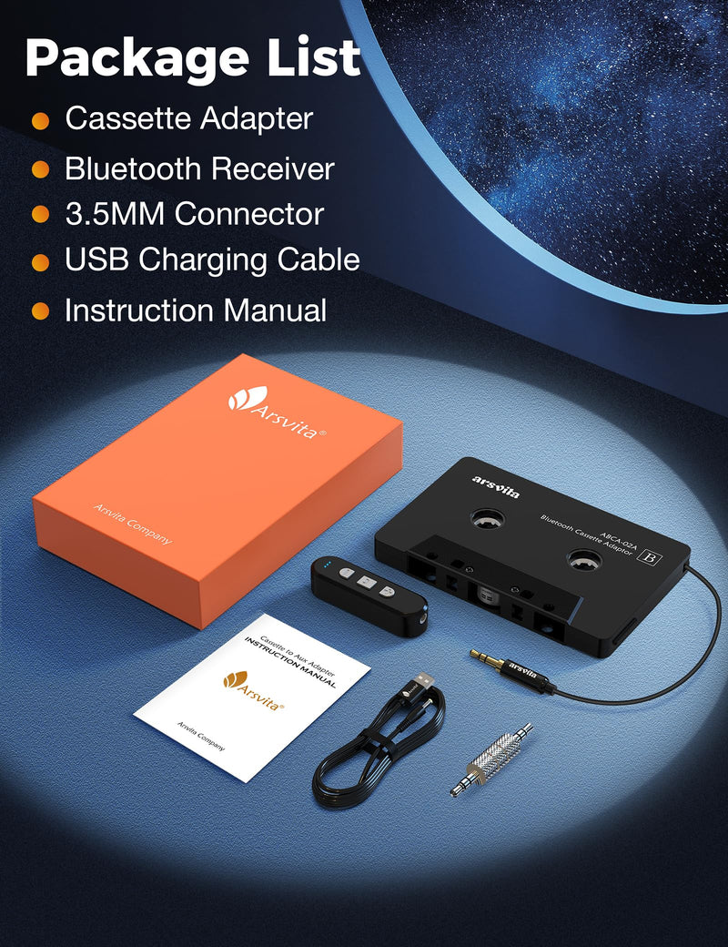 arsvita Car Audio Cassette to Aux Adapter, 5.1 Bluetooth Receiver Kit for Cassette to Aux, Bluetooth Receiver Compatible with 3.5 MM Auxillary Cable Tape, Black, Type BCAK04