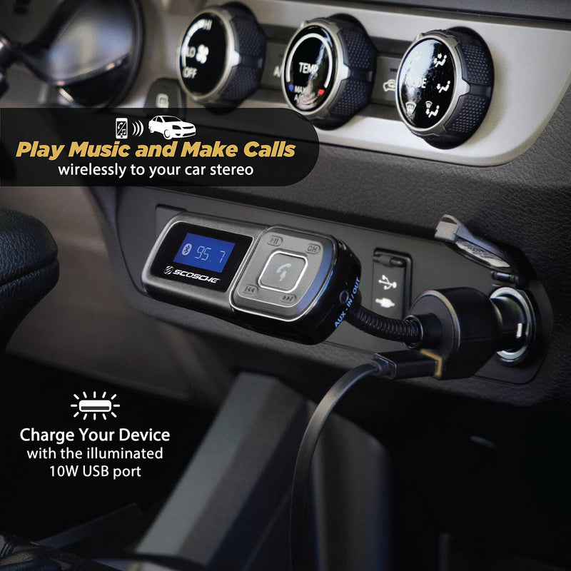 Scosche BTFM2A BTFREQ Universal Bluetooth Hands-Free Car Kit with Digital FM Transmitter and 10-Watt USB Car Charger, Stream Smartphone Audio Single Port Single USB-A, 12W Black