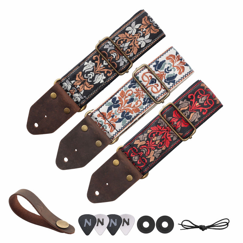 Nefelibata Guitar Strap,Jacquard Embroidery Cotton Guitar Straps with Crazy Horse Leather Ends for Bass, Electric & Acoustic, Best Gifts for Kids, Guitarists(Golden Jacquard) Retro Golden Jacquard