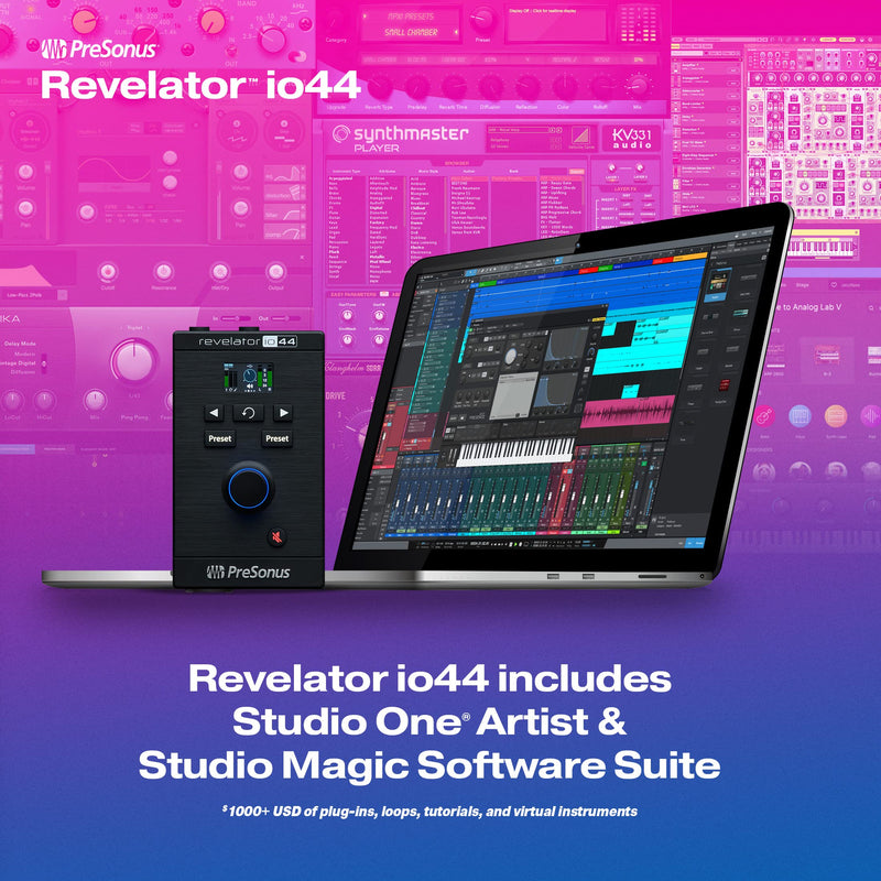 PreSonus Revelator io44 USB-C Audio Interface for music production and streaming with built-in mixer and easy-to-use effects presets plus Studio One DAW Recording Software Revelator io44 USB-C Interface