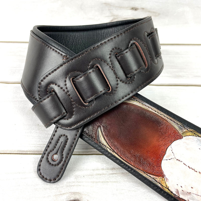 Walker And Williams KB-62 Handmade Carved Longhorn Skull Guitar Strap On Bourbon Brown Leather For Acoustic, Electric, And Bass Guitars