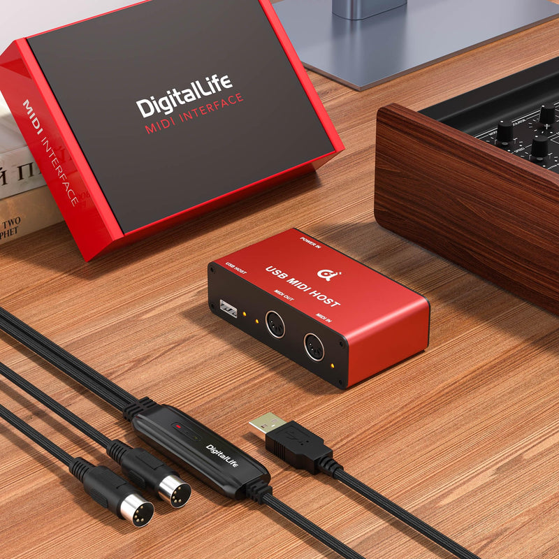 DigitalLife Stand-Alone USB MIDI Host Bridge Box - 1-In/1-Out 5-PIN DIN MIDI Interfaces, LED Indicator, Metal, Red (No computer needed) MIDI-Host (Red)