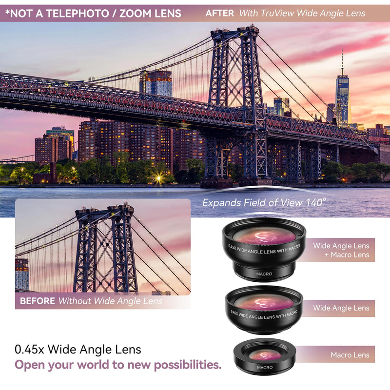 [AUSTRALIA] - 2 in 1 Phone Camera Lens Kit for iPhone and Android, 12.5X Macro Lens and 0.45X Wide Angle Lens Phone Lens Attachment with Travel Bag 0.45W 