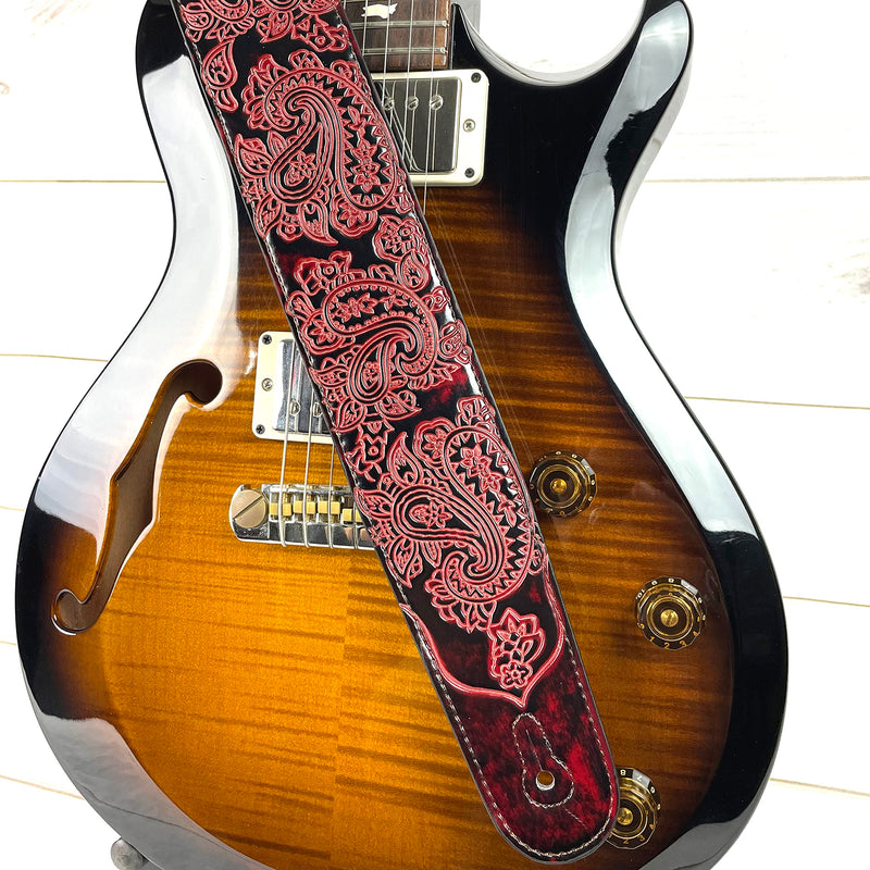 Walker & Williams GB-30 Handmade Fire Wine Red Padded Leather Guitar Strap with Vintage Paisley Pattern For Acoustic, Electric, And Bass Guitars