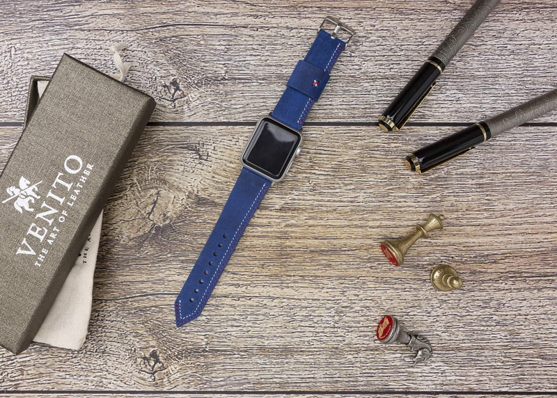 Venito Sessa Leather Slim Watch Band w/Gold Stud Compatible with Apple Watch 45mm 44mm 42mm 41mm 40mm 38mm - Wristband Replacement Strap designed for iwatch Series 1, 2, 3, 4, 5, 6, 7, SE Dark Blue 42mm-44mm-45mm