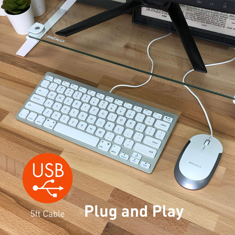 Macally USB Wired Keyboard and Mouse Combo for Mac and PC - Save Space with a Compact Small Mac Keyboard and Mouse for MacBook Pro/Air, iMac, Mac Mini/Pro - Compatible Apple Keyboard and Mouse Silver