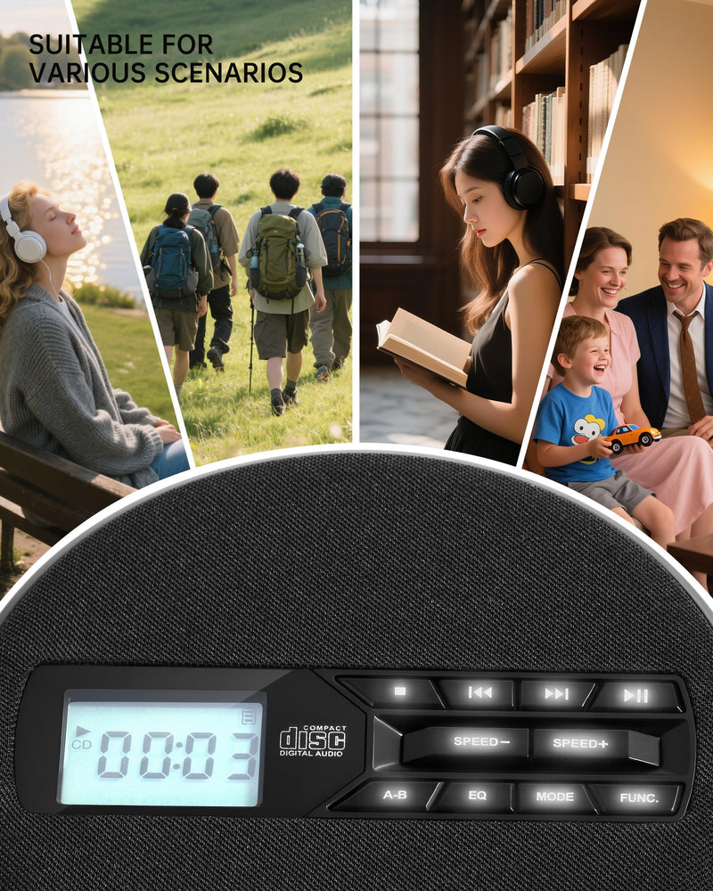 [AUSTRALIA] - CD Player Portable with Speakers - Rechargeable Personal CD Player for Car and Home, Small Fabric Music Player with Backlit Display, Anti-Skip, AUX/USB Port - Ideal for Audiobooks & Gifts Black 