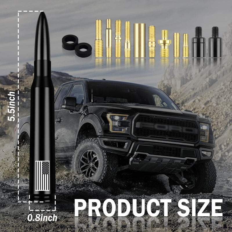 Car Bullet Antenna,Truck Exterior Decoration Accessories Antenna Toppers[New Upgrade Flag Design] AM/FM Radio Signal for Car SUV Truck Most Auto Cars Antenna Accessories Replacement (Black Black