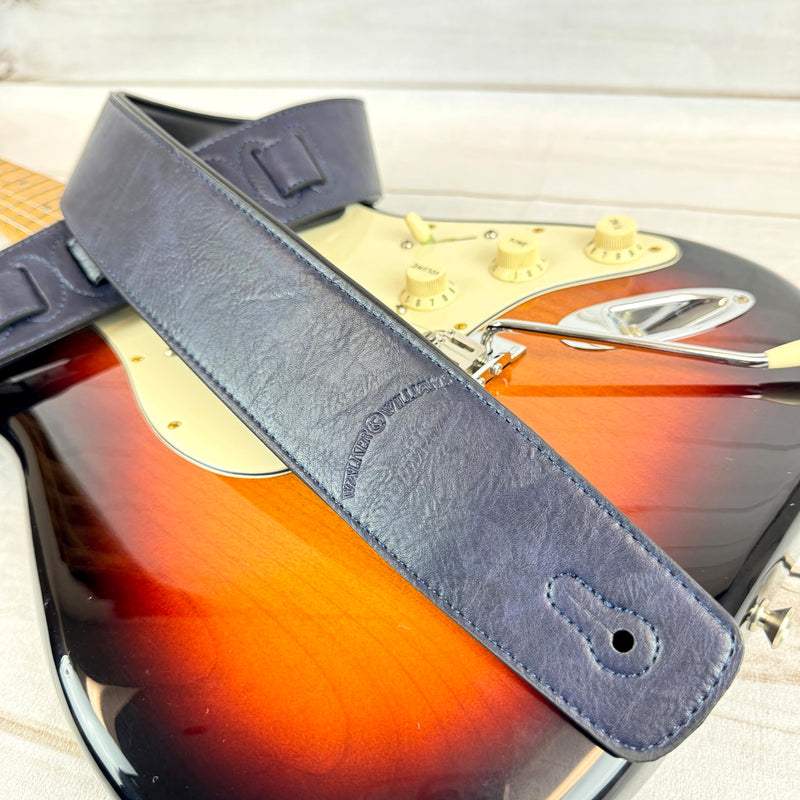 Walker & Williams G-52 Navy Blue Handmade Soft Natural Finish Guitar Strap with Padded Glove Leather Back, And Squared Nose For Acoustic, Electric, And Bass Guitars