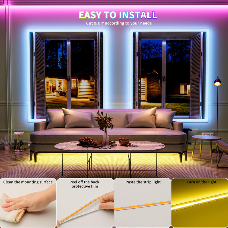 PAUTIX 5V USB COB RGB LED Strip Light 9.84ft/3m Color Changing Light Strips,TV Backlight Multicolor Flexible Under Cabinet Tape Lights with Bluetooth Control for Bedroom,Kitchen,Home DIY Lighting USB5V RGB/9.84ft