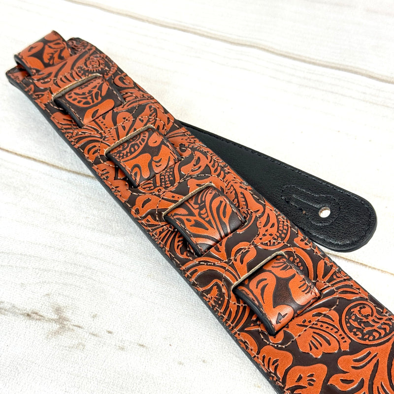Walker & Williams G-973 Handmade Brown And Latigo Tan Western Embossed Guitar Strap with Soft Padded Back For Acoustic, Electric, And Bass Guitars
