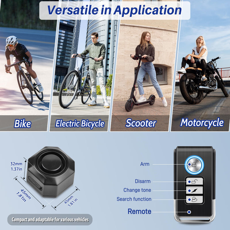 Cruxer 110dB Bike Alarm with Seatpost Bracket, USB-C Recharge with Remote | 3 Ringtone & 3 Volume & 7 Sensitivity Adjustable, IP65 Waterproof, 229FT Wireless Range, Anti-Theft Vibration, 2 Pack