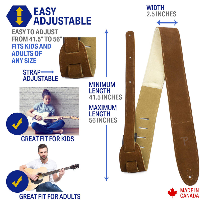 Perri's Leathers Suede Guitar Strap with Sheepskin Pad, Anti-Slip, Adjustable 41"–56", Compatible with All Guitars Natural