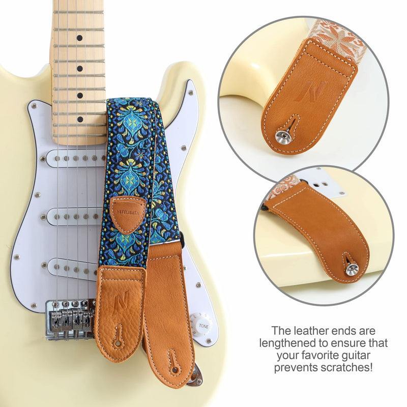 Nefelibata Guitar Strap,Double leather ends,Vintage Woven W/FREE BONUS-4 Picks+Strap Locks+Strap Button,Best Gift For Bass,Electric&Acoustic Guitars for Guitar(Vintage blue yellow embroidery) B#-vintage Blue Yellow Embroidery