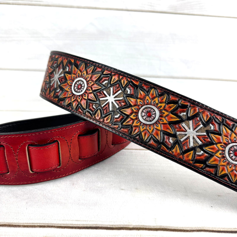 Walker & Williams LIH-3 Cherry Burst Red Hand Carved Premium Leather Guitar Strap With Black Zodiac Star Design And Premium Padded Leather Back For Acoustic, Electric, And Bass Guitars