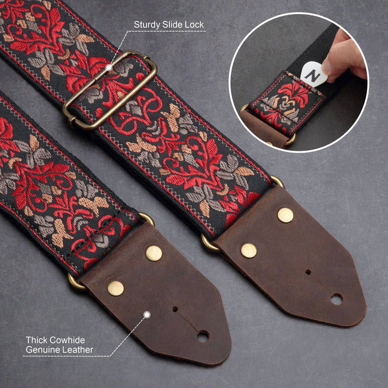 Nefelibata Guitar Strap,Jacquard Embroidery Cotton Guitar Straps with Crazy Horse Leather Leather Ends for Bass, Electric & Acoustic, Best Gifts for Kids, Guitarists(Retro Red Flower) Retro Red Flower