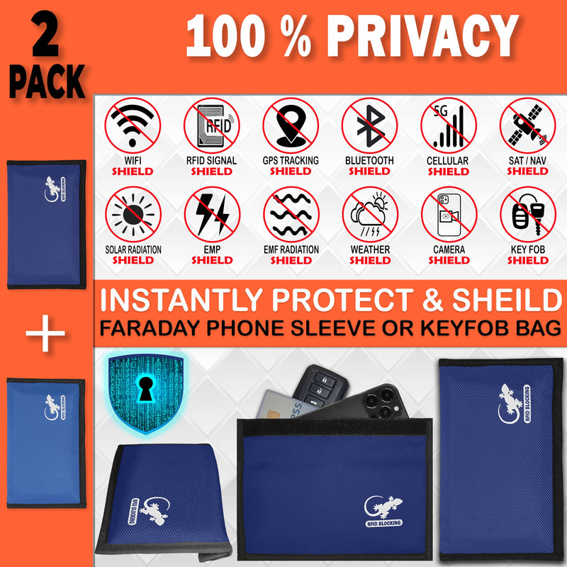 Faraday Bag Anti-Tracking GPS RFID Car Key Signal Blocker Wallet Shielding Pouch Protective Case for Cell Phone Car Key FOB, Data Privacy, Electronic Device Security (2 PACK - BLUES) 2 PACK - BLUES