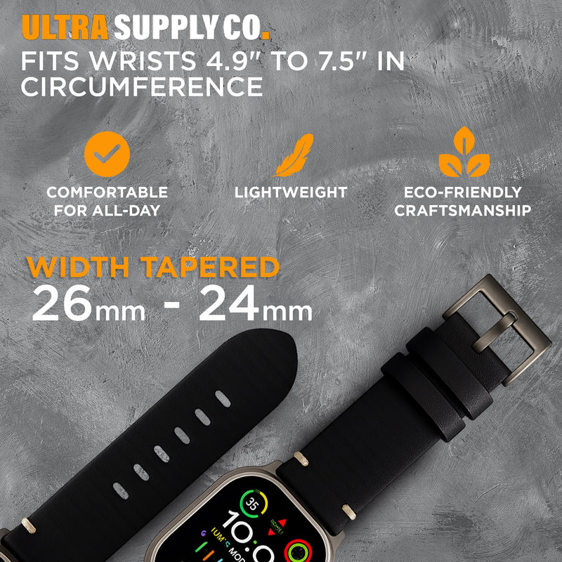 Ultra Supply Co. Leather Band Compatible for Apple Watch Ultra 3, 2, Ultra 49mm & Older Versions - Genuine Top Grain Leather Strap Black