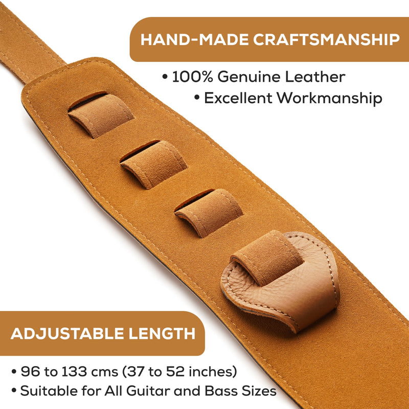 Leather Guitar Strap | for Electric, Acoustic, Electro-Acoustic, Bass, and Classical Guitar | Padded for Extra Comfort | Light Brown | Includes 2 FREE Pick Geek Steel Picks Standard
