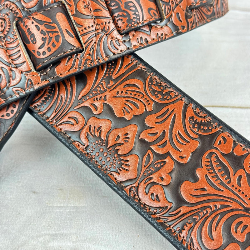Walker & Williams G-973 Handmade Brown And Latigo Tan Western Embossed Guitar Strap with Soft Padded Back For Acoustic, Electric, And Bass Guitars