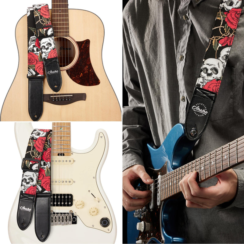 Amumu Guitar Strap – 2" Rose SKull Pattern for Acoustic, Electric and Bass Guitars, Adjustable 36'' - 63"